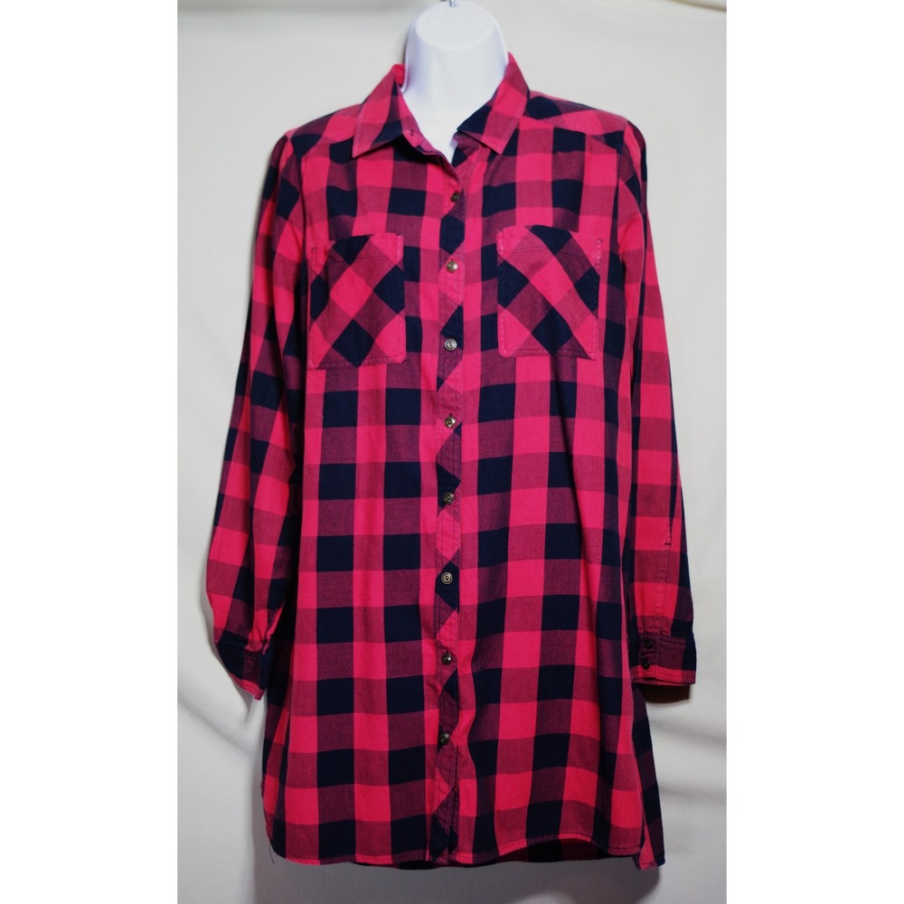 Caslon Women's Medium Red Black Buffalo Plaid Flannel Button Down Tunic Shirt